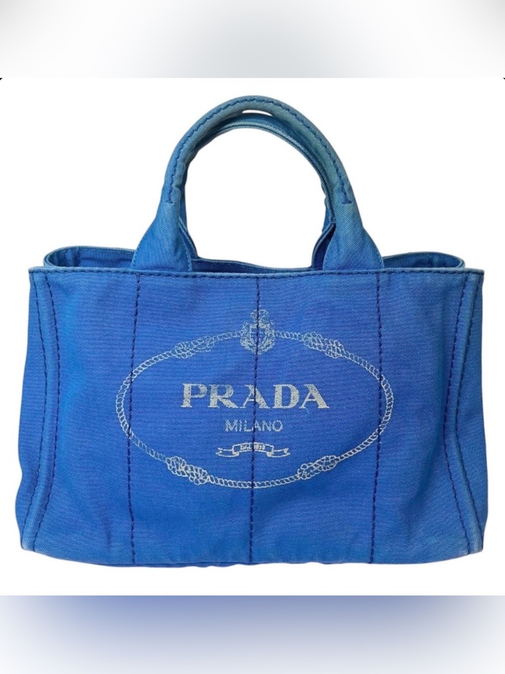 Prada Canapa Medium Tote Blue Canvas Milano Logo Rare Blue Authentic